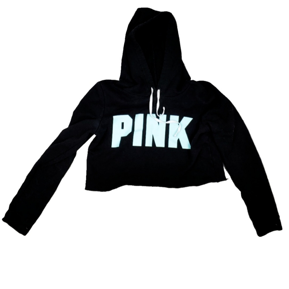 Pink Womens S Black Blue Logo Crop Long Slv Hoodie - Picture 1 of 5
